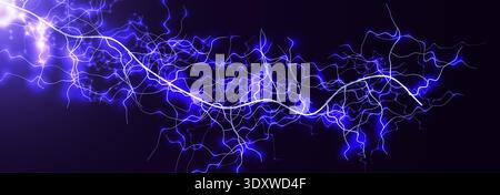 Electric Energy Lightning Plasma, Blue Neon Abstract Lightning Background, Glow Spark Surge Power Current Voltage Network Connections Digital Cyber Stock Vector