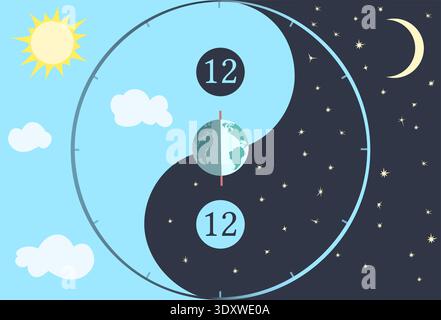 Spring equinox yin yang with earth sun moon stars and equal 12 hour day and night balance illustration Stock Vector