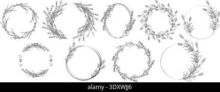 Set of black and white lavender wreaths and frames. Detailed botanical line art collection with circular borders, floral arrangements and elegant herb Stock Vector