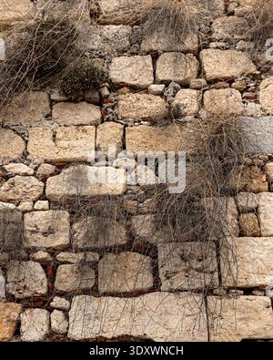 Rustic limestone wall background with natural stone texture, weathered masonry, and dry climbing vegetation. Ideal for architectural and travel themes Stock Photo