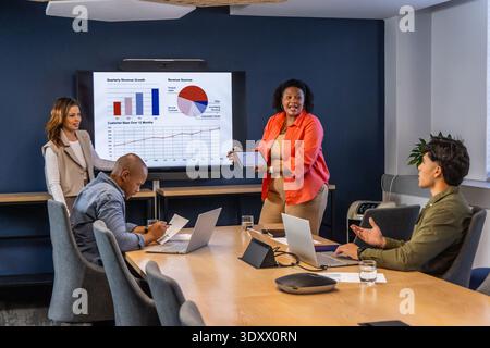 Diverse coworkers presenting revenue charts on wall display using laptops and tablet, copy space Stock Photo