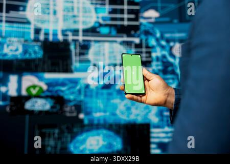 Modern black person in digital space uses isolated display with AI tools, representing artificial intelligence data structures and intelligent systems. Innovation and cybernetics for science. Stock Photo
