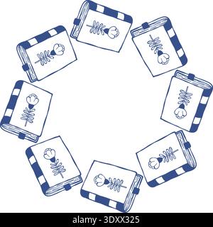 Books Circular Wreath Frame. Round Reading Hobby Border with Notebooks with Empty Copy Space. Blue Line Art Doodle hand-drawn. Vector Illustration Stock Vector