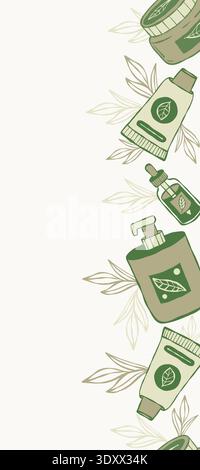 Clean Beauty Seamless Border. Organic Cosmetics, Skincare, Glass Bottle. Sustainable Spa Doodles Background. Vertical Template with Empty Copy Space. Stock Vector