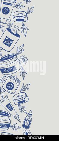 Natural Organic Cosmetics Skincare Seamless Border. Blue Line Art hand-drawn Doodle Vertical Background. Outline Template banner with Empty Copy Space Stock Vector