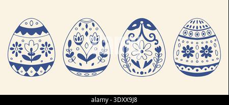 Ornamental Easter egg collection with folk geometric band patterns. Blue outline line art vector illustration on beige background  Stock Vector