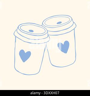 Hand drawn two coffee cups with heart symbols in minimalist blue line style. Cute romantic cafe vector illustration perfect for Valentine design Stock Vector