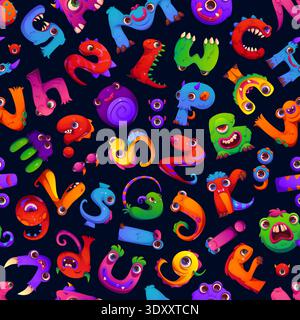Cartoon bugaboo monster font seamless pattern. Vector bright background with English font letters, numbers or symbols. Tile for kids education, playful decor, alphabet learning, entertaining wallpaper Stock Vector