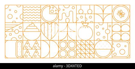 Cheese geometric pattern. Vector line art background in orange color, combining minimalistic food icons, abstract shapes, and playful symmetry. Modern linear tile, wallpaper or grid mosaic motif Stock Vector