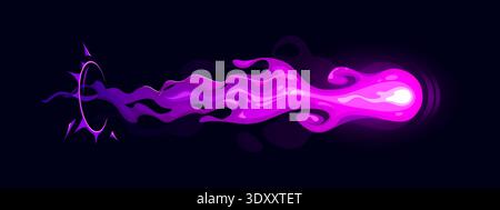 Cartoon pink game gun effect, beam or energy blast of laser gun, blaster or alien space weapon. Vector Vfx lightning bolt, bomb explosion, alien attack. Magic fireball, power wave for futuristic game Stock Vector