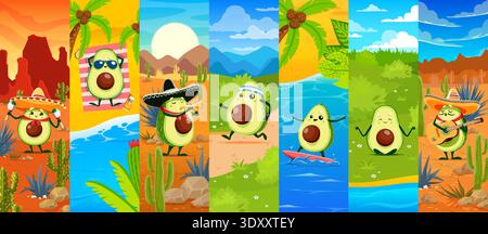 Cartoon Mexican avocado vector characters with sombreros, maracas, musical trumpets, yoga pose and beach activities. Surrounded by desert landscape, coast and blue sky. Avocado personages collage Stock Vector