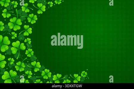 Shamrock clover leaves background, vector St Patrick Day holiday. Cartoon lucky four petal clovers wave, green shamrock leaves border line at Irish pattern background, St Patrick Day spring festival Stock Vector
