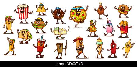 Cartoon groovy fast food characters of retro hippie burgers, drinks and junk snacks. Vector groovy fast food hamburger, pizza and chicken, cute ice cream, hot dog, soda and taco, popcorn and coffee Stock Vector