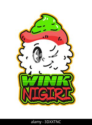 Japanese food nigiri sushi retro Y2K sticker or tag. Japanese cuisine meal Y2K label, Japan seafood delicacy vector sticker. Asian menu gourmet tag with winking nigiri sushi cute emoji character Stock Vector