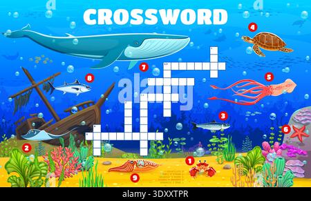 Crossword quiz game grid with underwater sea animals. Cartoon vector kids worksheet riddle featuring marine creatures like crab, stingray, sardine, turtle, squid, starfish, whale, tuna and cuttlefish Stock Vector