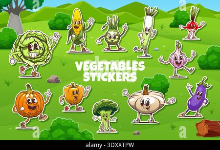 Groovy vegetable characters stickers. Vector smiling cabbage, dancing corn, long leek, cheerful radish, kohlrabi, bell pepper, purple eggplant, broccoli, orange pumpkin, white garlic cartoon characters Stock Vector