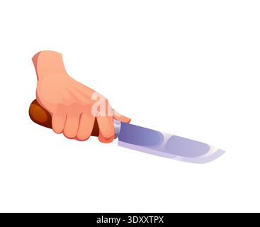 Cartoon human hand holding kitchen knife. Vector isolated cooking preparation process with sharp metal blade and wooden handle. Culinary utensil for food cutting action, for kitchen and cook food Stock Vector