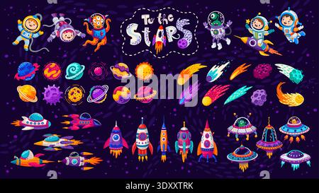 Cartoon kids astronauts with spaceships and rockets, galaxy shooting stars and space planets, vector icons. Kid astronaut or spaceman with asteroids and meteors, UFO saucer and funny alien characters Stock Vector
