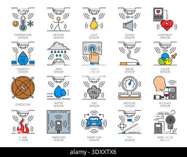 Smart control sensor color line icons of IoT electronics technology, vector pictograms. Pressure and gas sensor icons, alcohol tester, vibration, temperature or light sensor, motion or sound detector Stock Vector