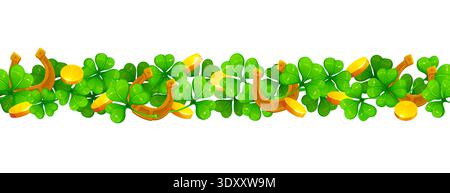 St Patrick Day shamrock clover leaves border. Vector St Patrick Day lucky gold horseshoes, golden coins on green shamrock and clover leaves garland, Irish holiday greeting banner border Stock Vector