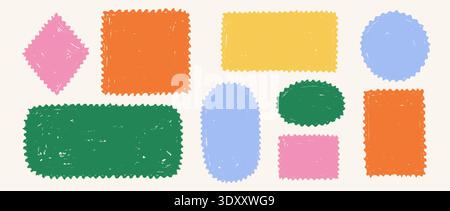 Hand drawn crayon stamps and boxes collection. Doodled rough edge borders and frames set. Colored playful sketched geometric shape pack for sticker, logo, collage, postcard, patch, label, icon. Vector Stock Vector