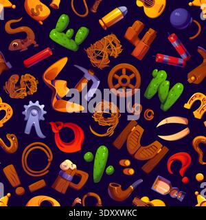 Western cowboy font letters seamless pattern with wild west objects forming alphabet shapes. Vector tile background with cactus, lasso, revolver, boots, hat, dynamite, star and wooden saloon door Stock Vector