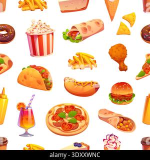Cartoon fast food, dessert and takeaway drinks seamless pattern. Colorful vector background with pizza, hamburger, hotdog, fries, donut, taco, ice cream, soda for restaurant walls and delivery service Stock Vector