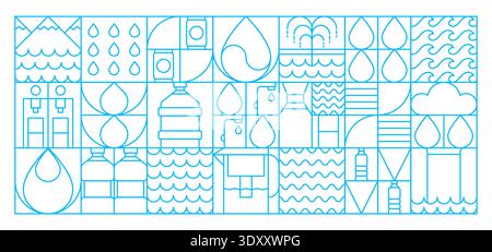 Abstract geometric water and drink pattern. Vector blue linear background representing clean water sources, droplets, bottles, dispensers and waves arranged in grid. Tile for sustainability, hydration Stock Vector