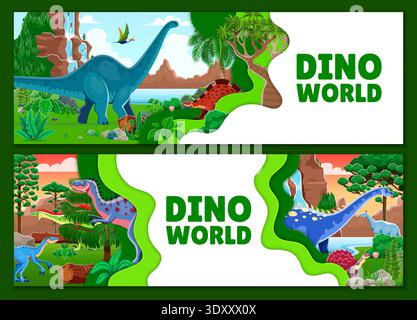 Paper cut banners with dinosaur characters at jungle landscape vector background. Cartoon cute prehistoric dinosaur and extinct reptile dino animals personages with 3d paper cut wavy borders Stock Vector