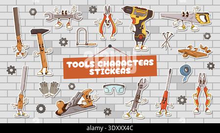 Repair or construction tools groovy characters vector stickers pack. Cute hammer, plane, funny saw, power drill, screwdriver, quirky pliers, wrench and cheerful file, protective gloves personages Stock Vector