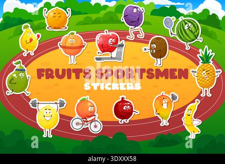 Cartoon fruit characters stickers. Vector playful fruit mascots engaged in sports. Pear boxing, orange doing yoga, apple running, watermelon playing tennis, kiwi, avocado. Promoting healthy lifestyles Stock Vector