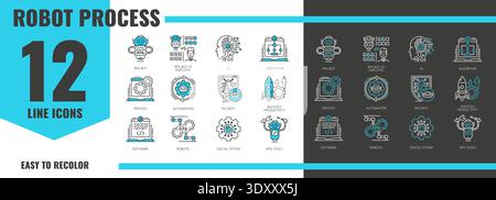 RPA icons of robot process automation and AI bot digital technology, vector line pictograms. RPA icons of artificial intelligence for automation process tasks and robotic employee software algorithms Stock Vector