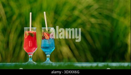 Two cold cocktails on the edge of a pool with green foliage in the background Stock Photo