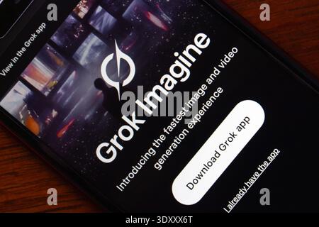 Quito, ECUADOR - Feb 3 2026 : Close up of smartphone displaying Grok Imagine website, highlighting generative ai video tool. Stock Photo