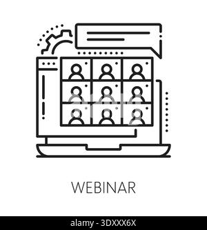 Online education webinar line icon or label. Online education thin line icon, distance classes line vector pictogram. E-learning courses sign or outline symbol with students avatars on laptop screen Stock Vector