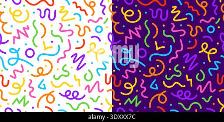 Kids color squiggle seamless pattern of abstract shapes and line scribbles, vector background. Squiggle pattern with colorful line swirls and dots or wavy confetti for trendy kids background Stock Vector