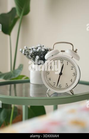 Clock on table beside plant and flowers in room Stock Photo
