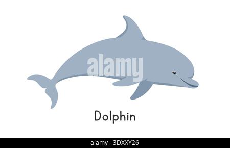 Bottlenose dolphin vector illustration. Cute dolphin cartoon clipart, animal in flat style. Sea animals, underwater creatures, ocean animals Stock Vector