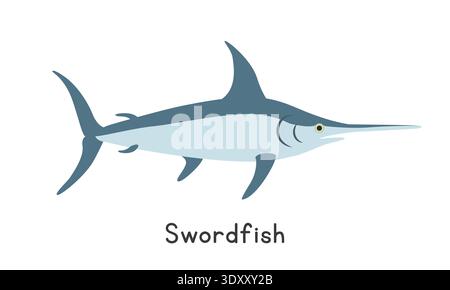 Swordfish vector illustration. Cute swordfish cartoon clipart, animal in flat style. Sea animals, underwater creatures, ocean animals, marine life Stock Vector
