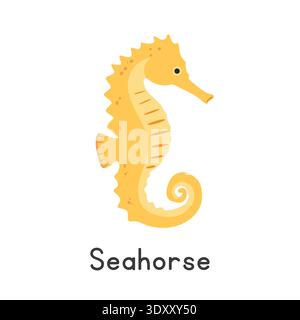 Seahorse vector illustration. Cute yellow seahorse cartoon clipart, animal in flat style. Sea animals, underwater creatures, ocean animals Stock Vector