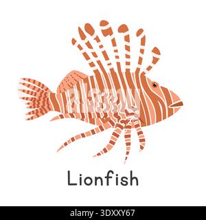 Lionfish vector illustration. Lionfish cute cartoon clipart, animal in flat style. Sea animals, underwater creatures, ocean animals, marine life Stock Vector