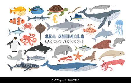Sea animals vector illustration set. Marine life cartoon clipart in flat style. Sharks, Whales, Dolphin, Fish, Penguin, Seal, Sea Lion, Octopus, Jelly Stock Vector