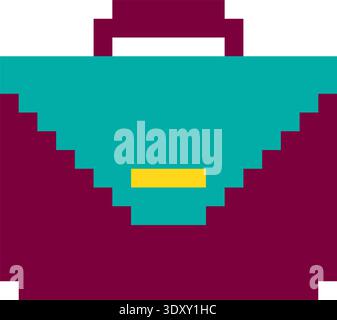 Yellow, Purple And Turquoise Pixel Art Business Bag Icon For UI And Game Design. Flat Retro 8-bit Office And Finance Icons And Sprites. Stock Vector