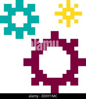 Yellow, Purple And Turquoise Pixel Art Business Gears Icon For UI And Game Design. Flat Retro 8-bit Office And Finance Icons And Sprites. Stock Vector
