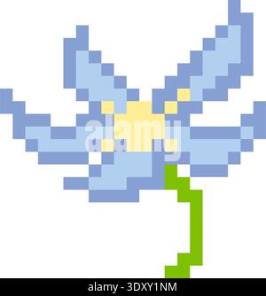 Blue And Green Minimalist Pixel Art Flower, Plant And Bloom Flower Icon. Flat Game Sprite. Stock Vector
