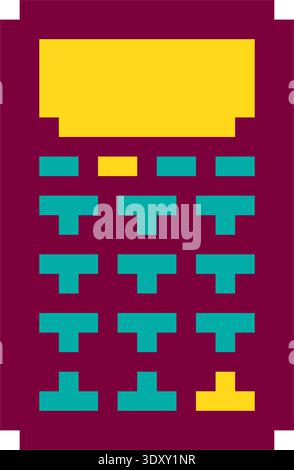 Yellow, Purple And Turquoise Pixel Art Business Calculator Icon For UI And Game Design. Flat Retro 8-bit Office And Finance Icons And Sprites. Stock Vector