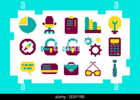 Yellow, Purple And Turquoise Pixel Art Business Icons Set For UI And Game Design. Flat Retro 8-bit Office And Finance Sprites. Stock Vector
