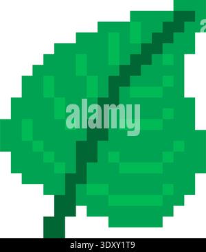 Green Minimalist Pixel Art Flower, Plant And Leaf Icon. Flat Game Sprite. Stock Vector