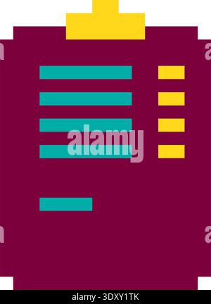 Yellow, Purple And Turquoise Pixel Art Business Document Icon Icon For UI And Game Design. Flat Retro 8-bit Office And Finance Icons And Sprites. Stock Vector
