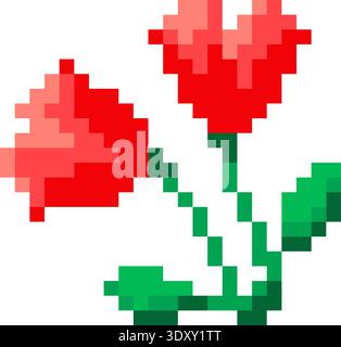 Red And Green Minimalist Pixel Art Flower, Plant And Bloom Flowers Icon. Flat Game Sprite. Stock Vector